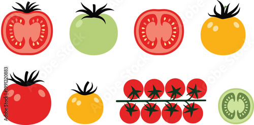 Flat design colorful tomato collection set with red, green and yellow whole sliced and cherry tomatoes on white background