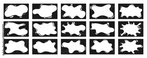 Liquid shapes frames uneven wavy edges set. Fluid puddles, splashes, ink drops, blobs stains border framework. Smooth organic forms glossy blotches, soft spills drips abstract shapes text backgrounds