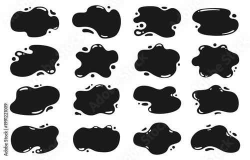 Liquid shapes and frames with uneven wavy edges set. Fluid puddles, splashes, ink drops, blobs and stains. Smooth organic forms glossy blotches, soft spills drips abstract shapes text backgrounds