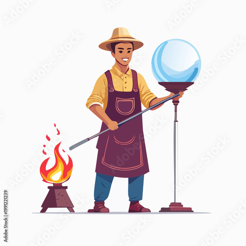 Glassblower crafting a sphere with flame and tools