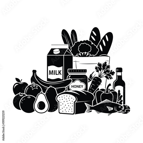 Fotografía Monochromatic grocery shopping haul, a diverse collection of fresh produce, dairy, bread, and pantry staples