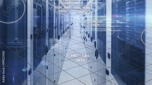 Camera pushing down server aisle, HUD grid projecting, nodes converging, mapping network activity