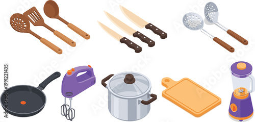 Isometric kitchen utensils and cookware set with knives, pan, pot, mixer, cutting board and blender illustration