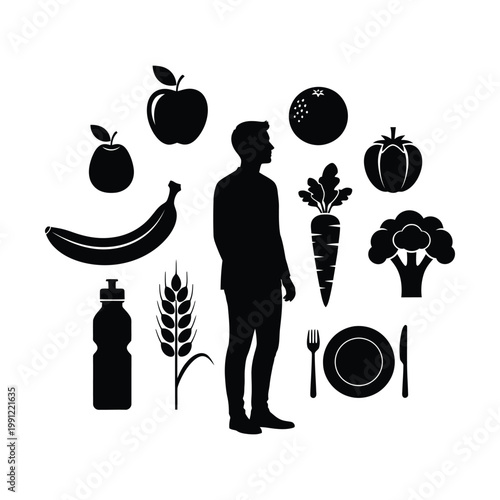 Healthy lifestyle vector illustration, a silhouette of a man surrounded by nutritious food icons, including fruits, vegetables, and grains. Ideal for wellness, diet, and nutrition concepts