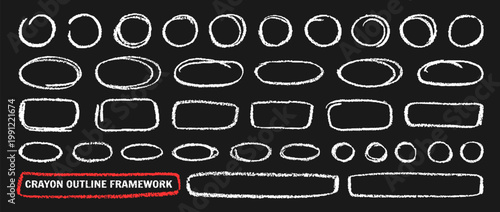 Crayon blackboard outline ovals, circles and ellipses set. Pencil hand drawn emphasis elements freehand line art frames. Doodle style chalk sketches rough thin borders round shapes grunge effect frame