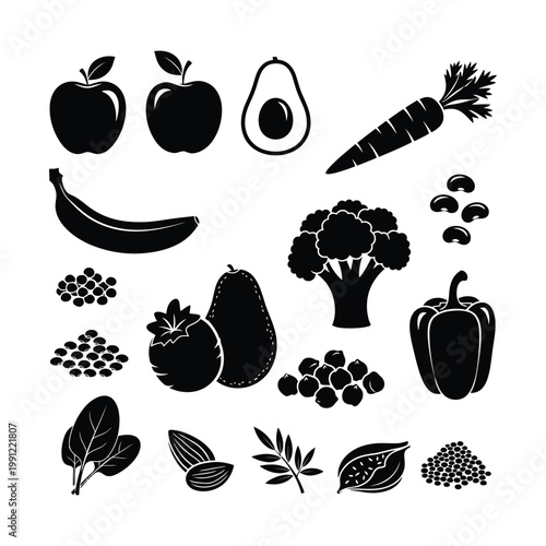 Healthy food and fresh produce vector icon set, a collection of nutritious fruits, vegetables, and legumes, perfect for diet, nutrition, and wellness graphic resources.