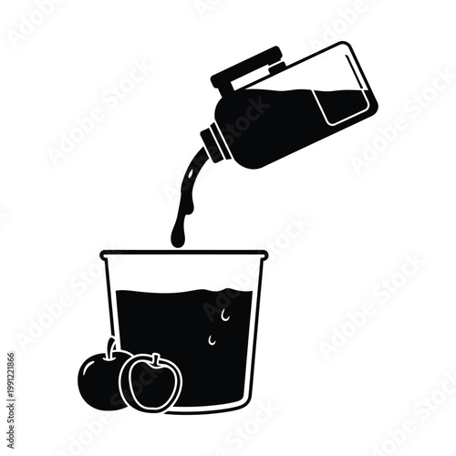 Fresh apple juice pouring from a pitcher into a glass, a healthy beverage vector illustration. Delicious fruit drink preparation, a refreshing black and white graphic resource for menus and