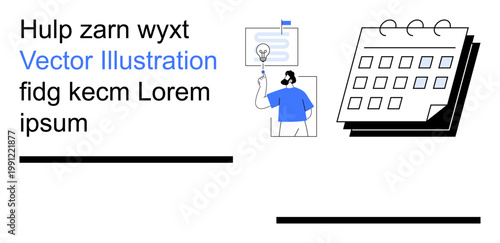 Business planning, project management, teamwork, task organization, creative brainstorming, scheduling tools. Person with a lightbulb, text elements and a calendar. Business planning and teamwork