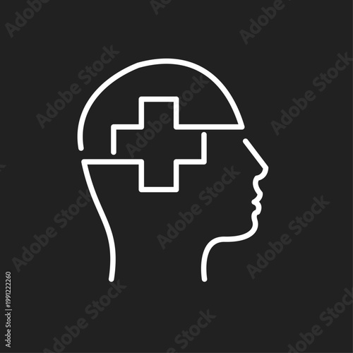 Minimalist Line Icon of Human Head with Medical Cross Symbolizing Mental Health and Wellness