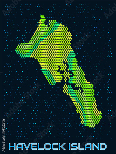 Havelock Island hexagon dots map. Digital style boundary shape. Havelock Island map and title. Tiny green colored hexagons, sparse blue dots at background. Vector Illustration.
