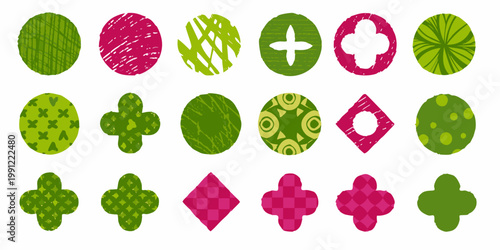 A collection of colorful patterned easter eggs and diamond shapes