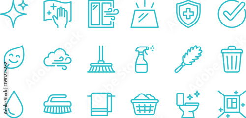 A comprehensive collection of vibrant turquoise line icons representing various cleaning, hygiene, and household tasks.