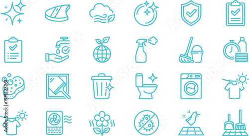 Collection of blue line icons representing various cleaning and hygiene concepts