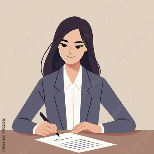 Flat Illustration of Woman in Gray Blazer Writing on Paper at Desk with Neutral Background