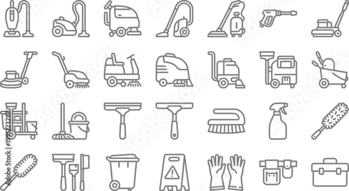 A collection of line art icons representing various cleaning equipment and supplies.