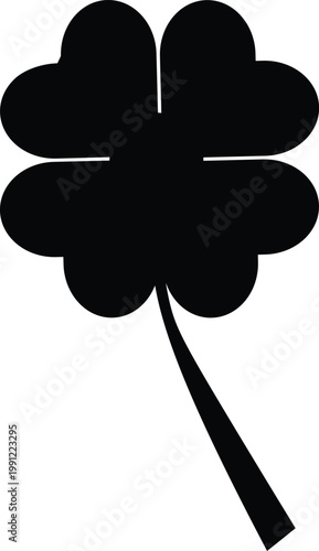 Four leaf clover silhouette vector, black lucky shamrock icon, minimalist st patricks day clover leaf, isolated botanical symbol for good luck