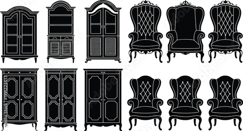 Elegant vintage furniture silhouettes: a collection of classic cabinets, wardrobes