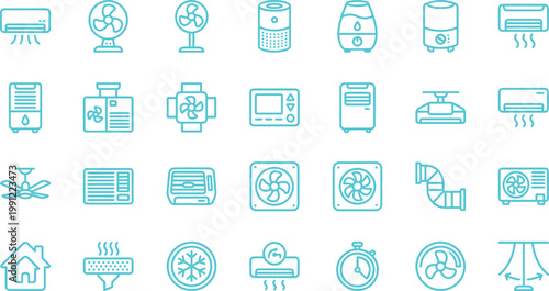 Collection of line art icons representing various air conditioning and cooling devices.