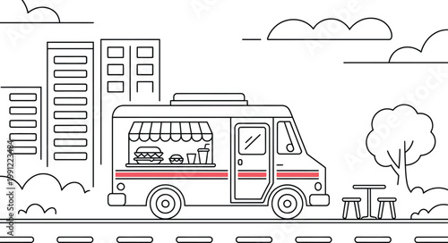 Food truck illustration with city buildings, tree, and outdoor seating area