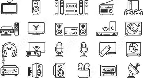 Tablou pe pânză A comprehensive collection of line art icons depicting various modern and classic audio, video, and electronic devices
