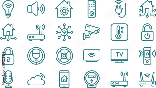A collection of minimalist line icons representing smart home devices and technology for connected living.