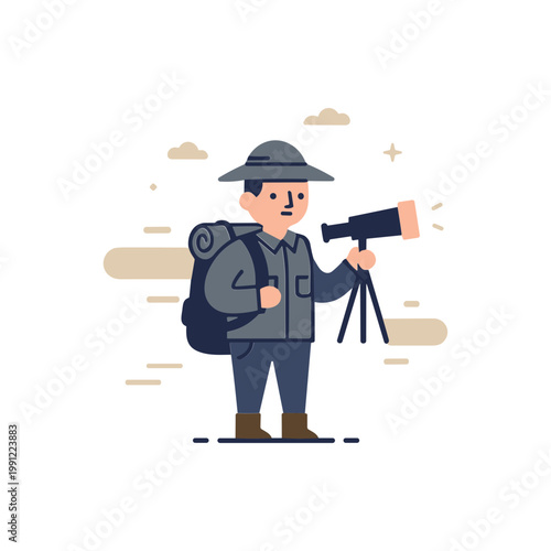 Explorer with Backpack and Telescope Searching Distant Horizon