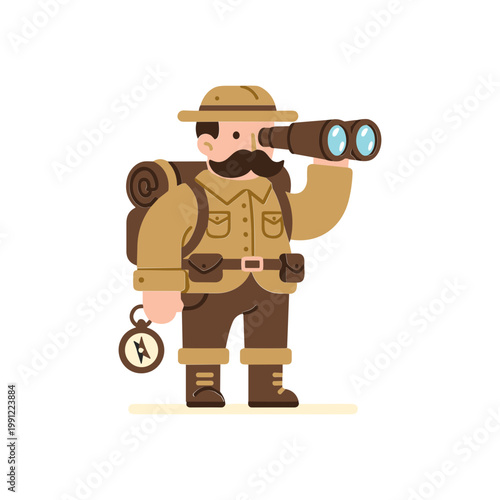 Explorer with Binoculars and Backpack, Looking into Distance