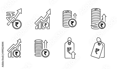 Indian rupee cost increase concept icons vector financial growth and inflation illustration
