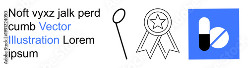 Education, healthcare, research, achievements, quality assurance, pharmaceutical industry. Line art of medal, capsule magnifier. Education and healthcare conceptual theme