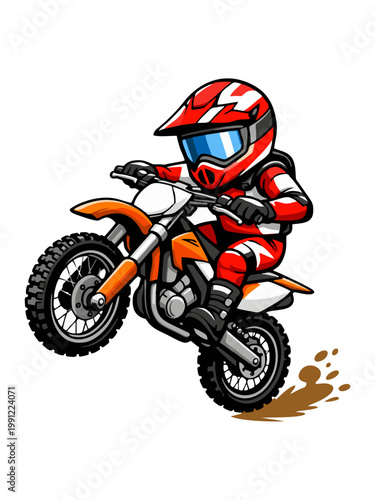Cartoon Illustration of a Dirt Bike Racer Doing a Wheelie
