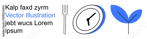 Sustainability, time management, healthy living, eco-consciousness, lifestyle choices, balanced diet. Simple icons of a fork, a clock and a leaf in minimalist design. Sustainability and time