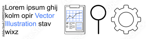 Business strategy, data analysis, productivity, teamwork, SEO, industry. Clipboard with a graph, magnifying glass and gear. Business strategy and data analysis illustrated