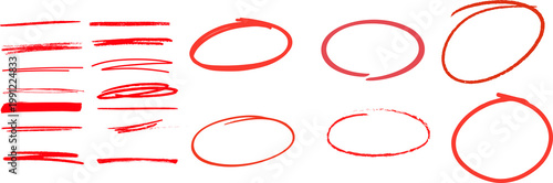 Cuadro en lienzo Red pen drawn marks, red circle set Charcoal pen round ovals
