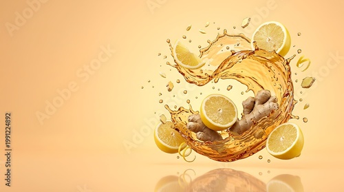 Jeruk lemon segar dan es batu dalam cairan bersoda di latar belakang kuning hangat