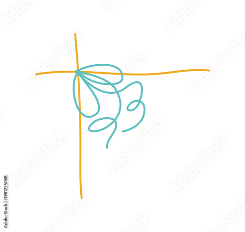 Whimsical hand drawn bow with string corner. Cute wavy line knot as romantic card accent and decorative ribbon detail. Simple graphic border for invitation or love note, minimal outline frame for