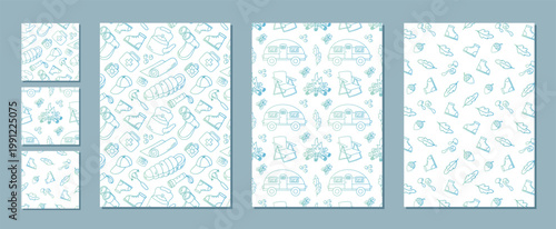 Seamless line pattern collection with camping and adventure theme in blue color. Campfire, tent, backpack and outdoor doodle elements add travel feel to the camp pattern for any adventure or outdoor