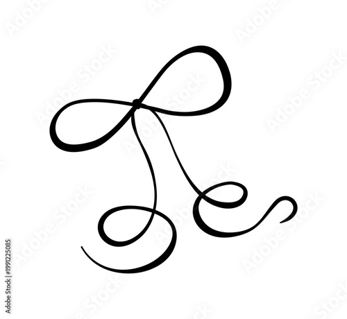 Cute coquette black bow with wavy line style. Hand drawn knot detail as girly ribbon decor. Simple decorative element for romantic card and party invite, trendy vintage border and minimal doodle