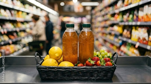 Kumpulan jus buah segar di rak toko dengan buah-buahan dan strawberry yang menarik perhatian