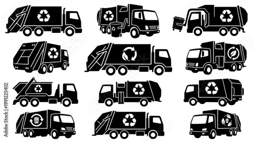 Garbage Truck Silhouette Set Collection Vector
