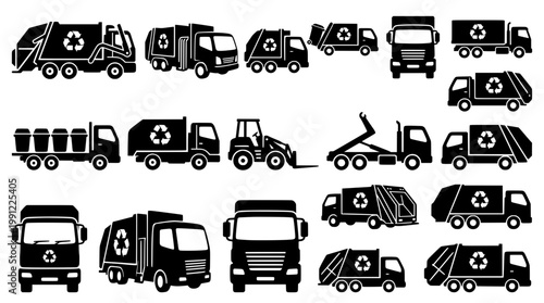 Garbage Truck Silhouette Set Collection Vector