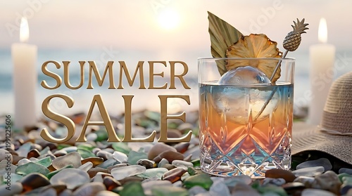 Minuman segar dengan buah tropis dan es di tepi pantai saat Summer Sale untuk promosi festival musim panas