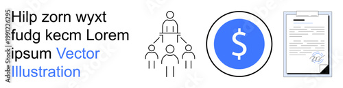 Business management, financial agreements, teamwork, organizational structure, monetary transactions, and documentation. Group hierarchy, dollar symbol and signed document. Business management