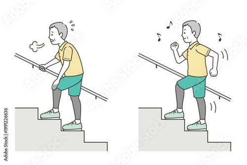 元気に階段を上るミドル世代の男性と辛そうな男性のイラスト
