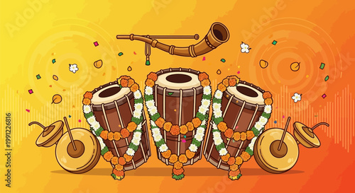 Traditional Indian musical instruments including drums and trumpet.