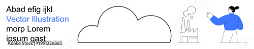 Cloud technology, environmental impact, data storage, sustainability, industry, emission solutions. Minimalist cloud and factory with smoke, pointing woman. Cloud technology and environmental impact
