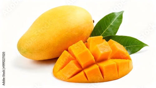 Whole and sliced mango with fresh leaves, clean composition, isolated on white background