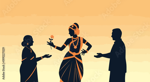 Indian traditional family silhouette with dancer and parents.