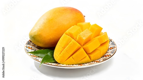Fresh ripe mango with slices arranged beautifully on a plate with decorative leaves, isolated on white background