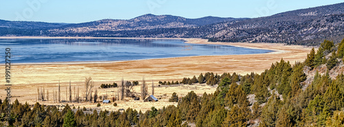 Panorama of a farm on the edge of Eagle Lake in Lassen County, California, USA