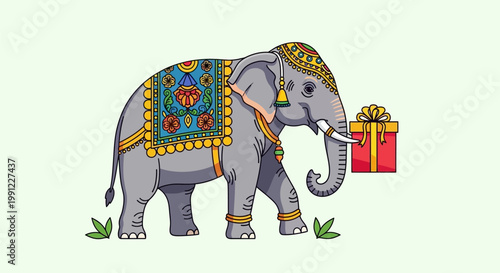 Decorated Indian Elephant Holding a Gift Box Illustration.